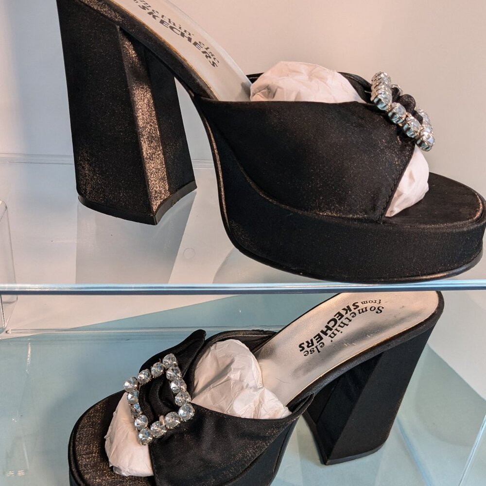 Vintage Chunky Heel Shimmer Black Platform Skechers Rhinestone Buckle Heels - Picture 11 of 16